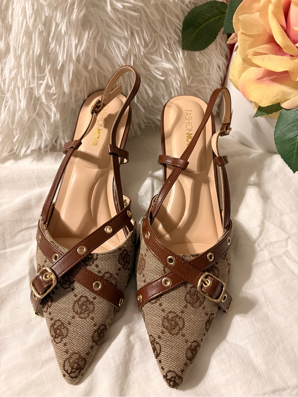 Fashion Nova Brown Patterned Pointed Slingback Flats with Gold Accents